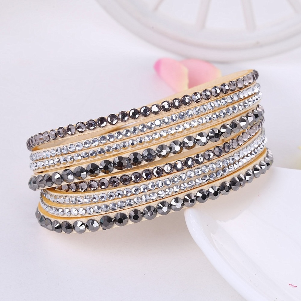 Crystal Studded Beige Vegan Leather Wrap Bracelet
